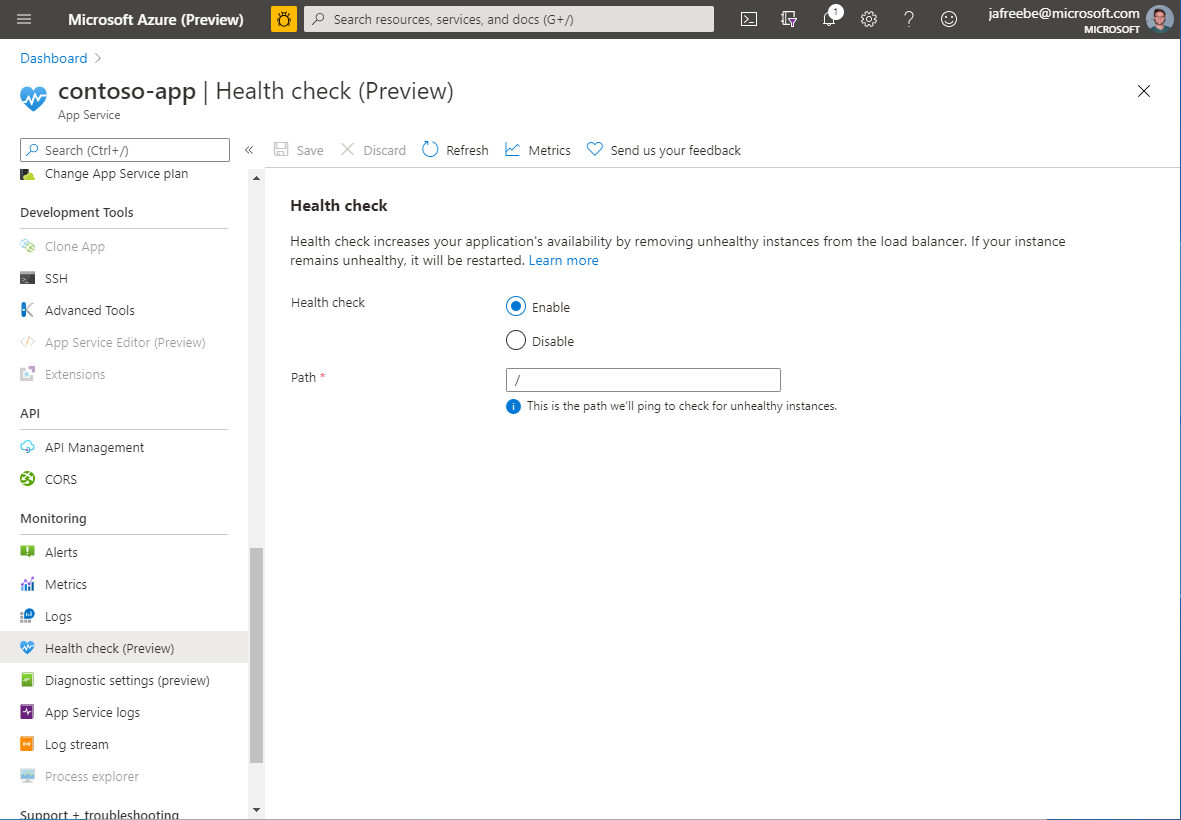 Health Check blade in the Portal