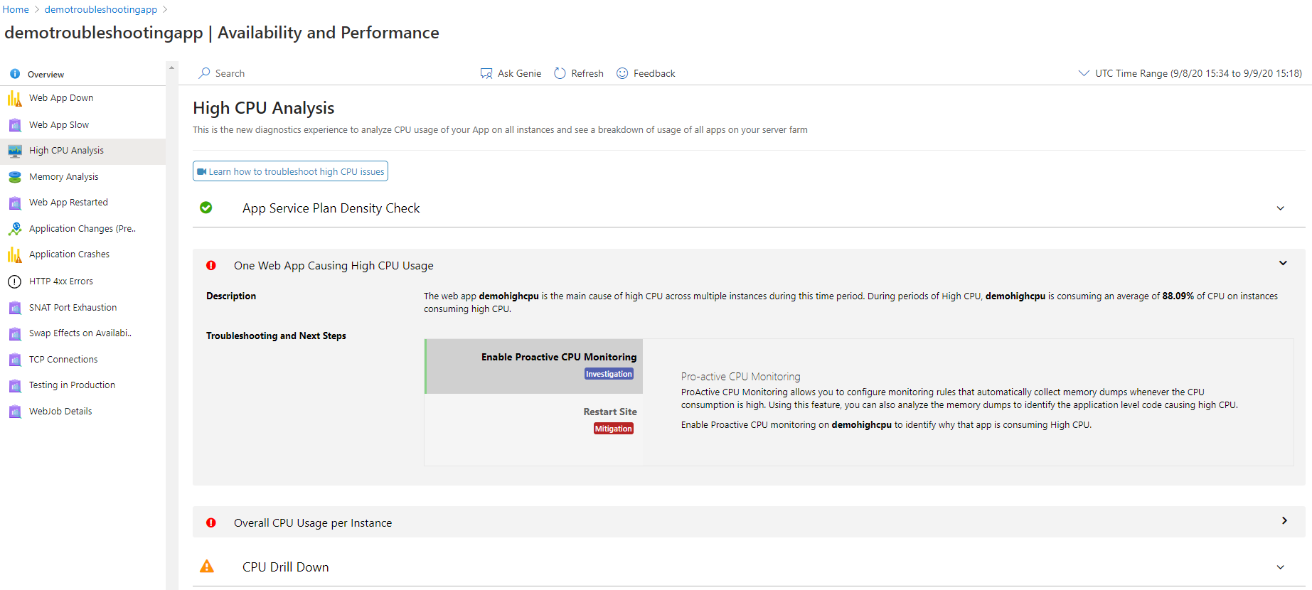 High CPU Analysis Blade. App Service Plan Density Check 