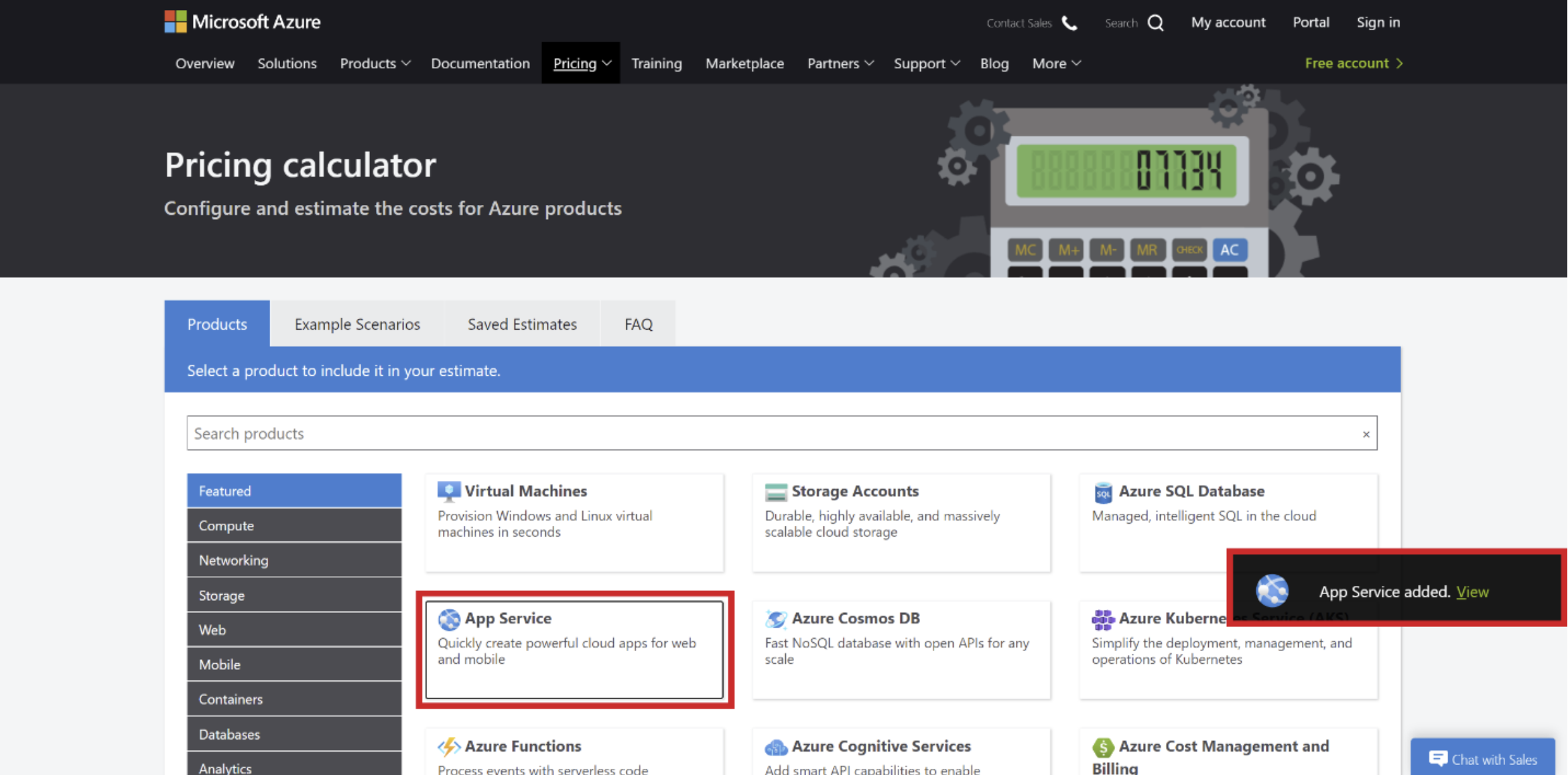 Pricing Calculator Main Menu