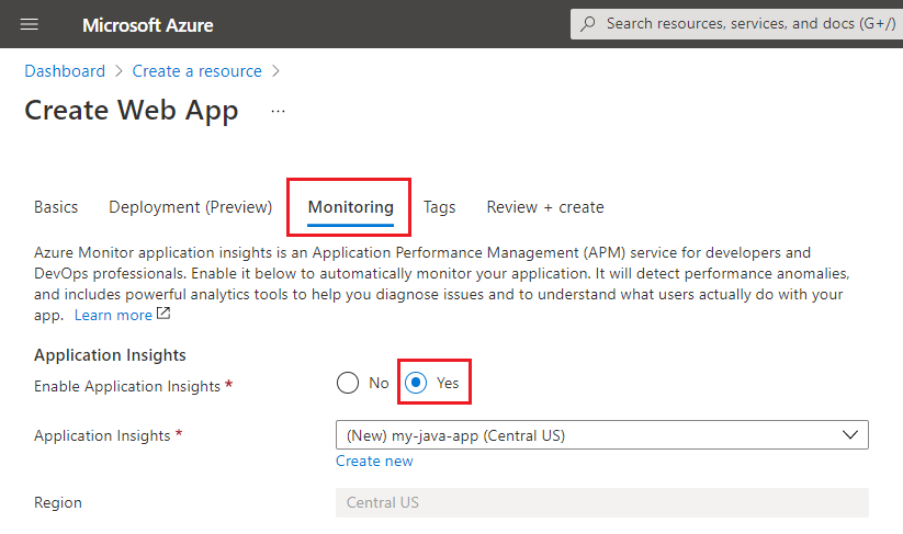 Enable App Insights from the Monitoring blade.